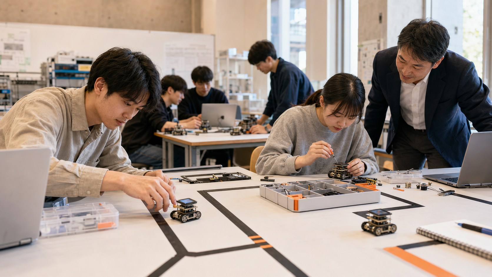 複数の学生が机の上で小型クローラーロボットを使い、プログラミングと機体調整に取り組む授業のコンセプトイメージ。